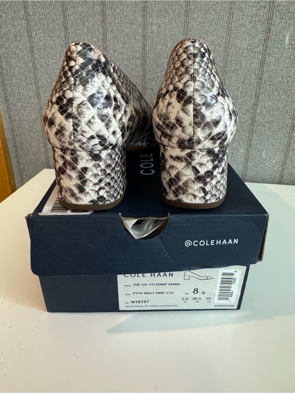 Cole Haan Snake-Print Block Heel Pumps with Taupe Cap Toe - Picture 4 of 6